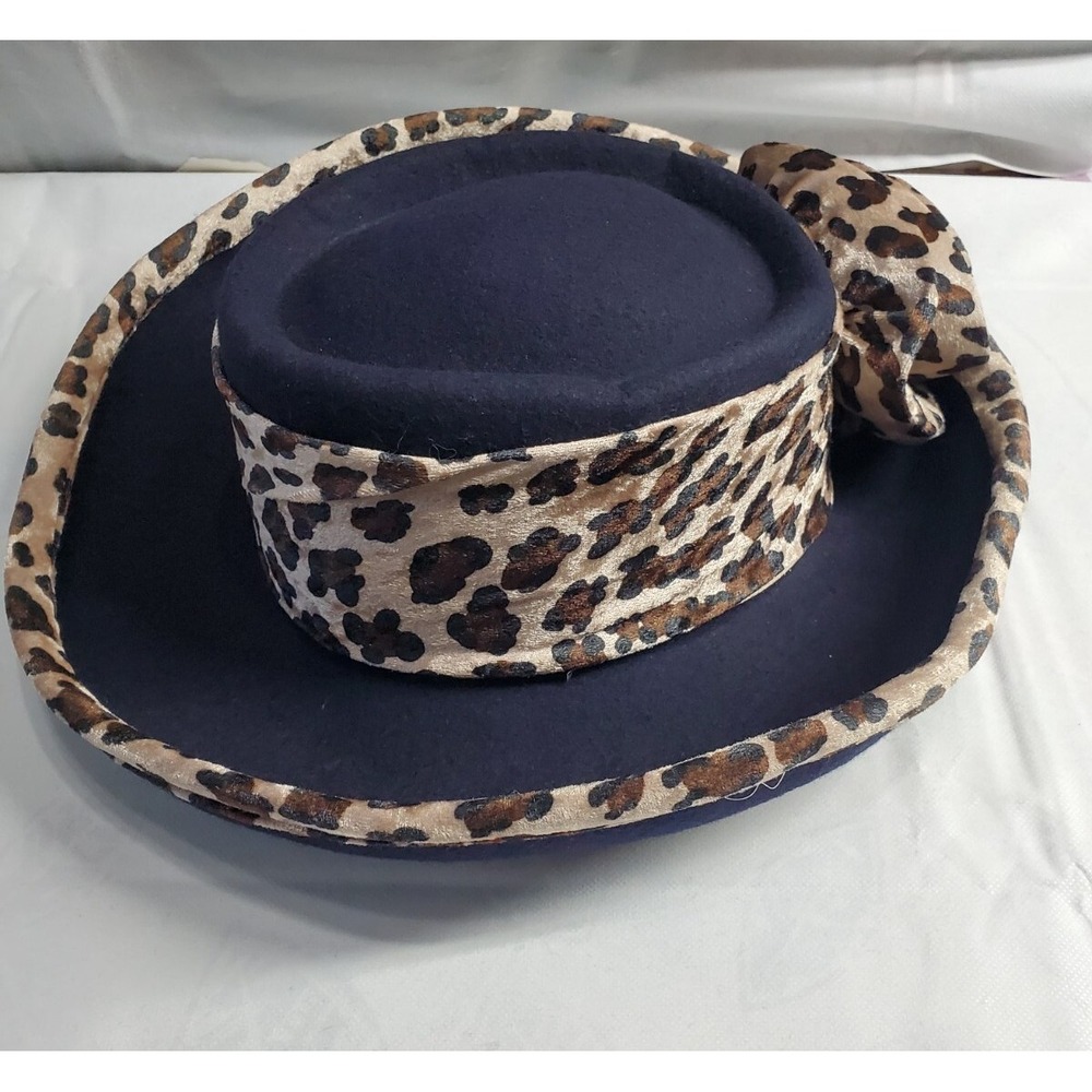 Milan By Charm Vintage Hat, Black Wool Hat With Animal Print Trim & Rose. Mint!‎